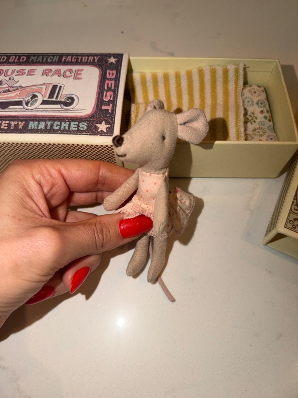 Retired Maileg little sister mouse in box - vintage matchbox w/bedding